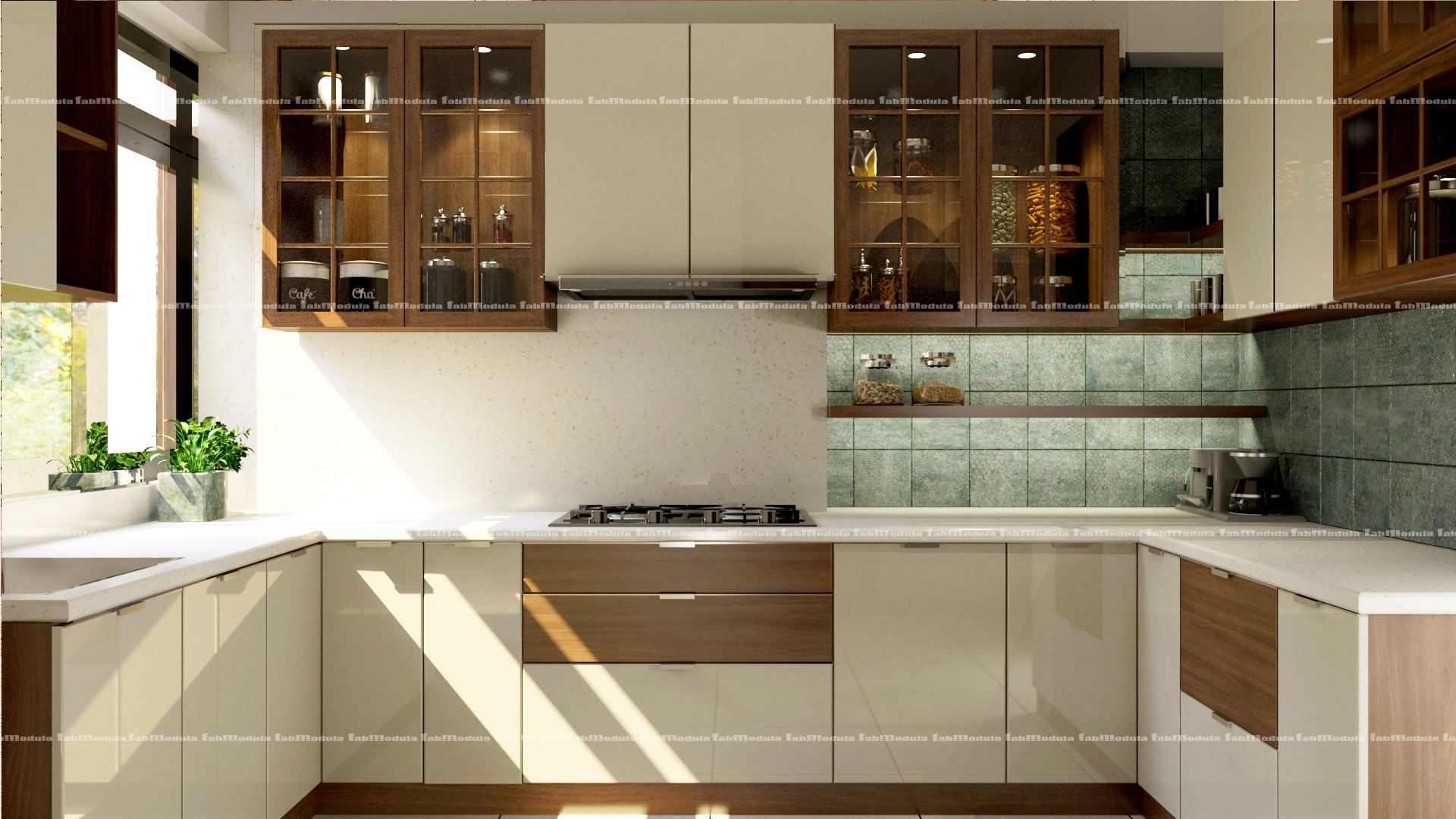 FabModula interior designer products U shaped modular kitchen natural lights